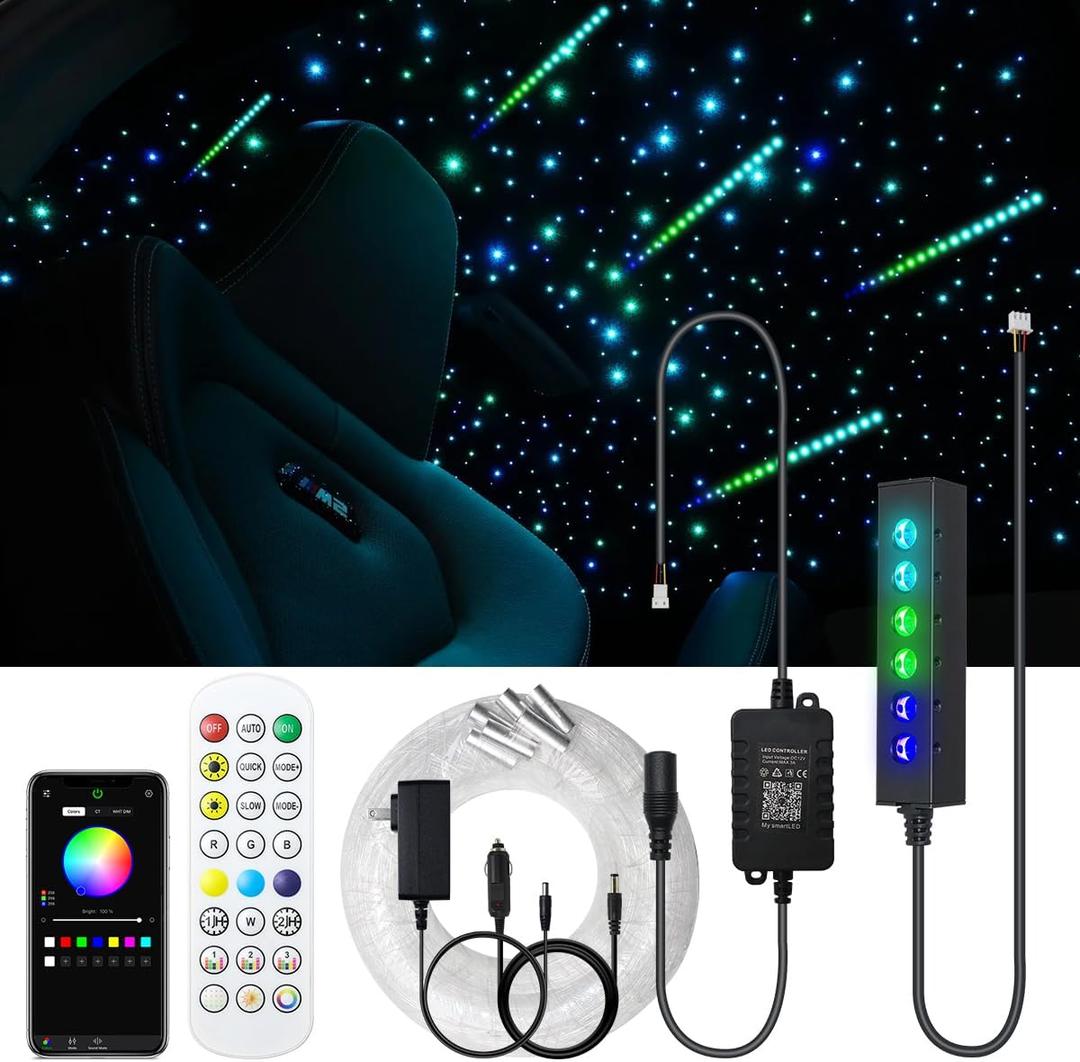 AKEPO 3.2W 6-Hole RGB APP Colorful Fiber Optic Lights Kit, Color Chasing Sound Activated 9.8ft 120pcs of 0.75mm Optical Fibers with Remote and APP Control