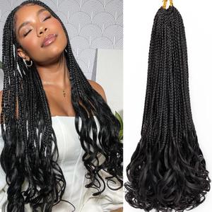 French Curl Crochet Braids 22 Inch Goddess Box Braids Crochet Hair for Women 8 Packs Pre Looped Crochet Box Braid with Curly Ends Synthetic French Curly Braiding Hair Extensions (1B#)