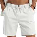 PLEPAN Mens Casual Linen Shorts - 7 inch Elastic Waist Drawstring Summer Beach Vacation Short (Large, White)