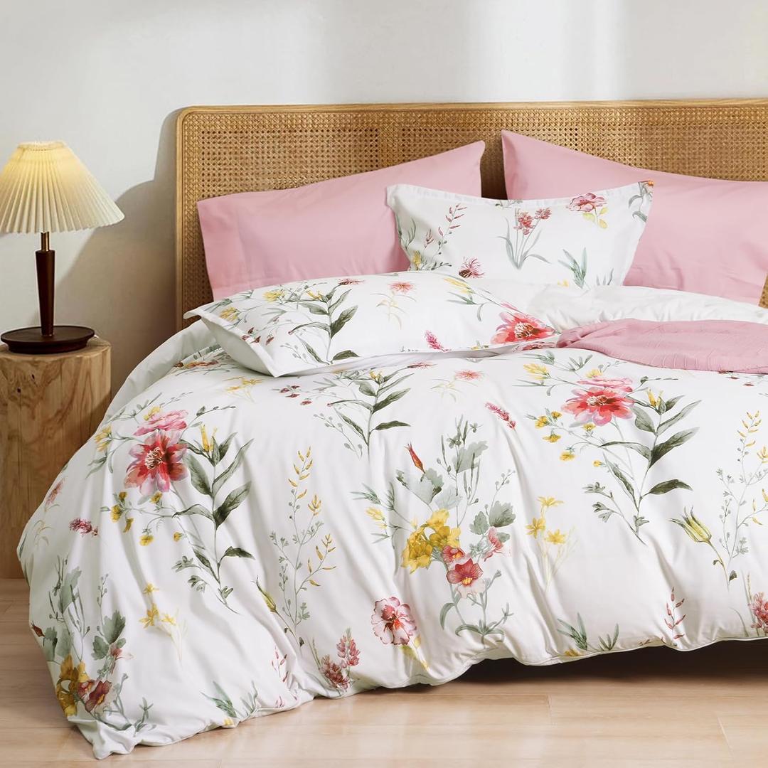 PHF Ultra Soft Floral Duvet Cover Queen Size, Printed Bedding Set 3 Pieces, Comfy Durable Farmhouse Duvet Cover Set with 2 Pillow Shams, Zipper Closure and 8 Ties, 90"x90", White & Yellow