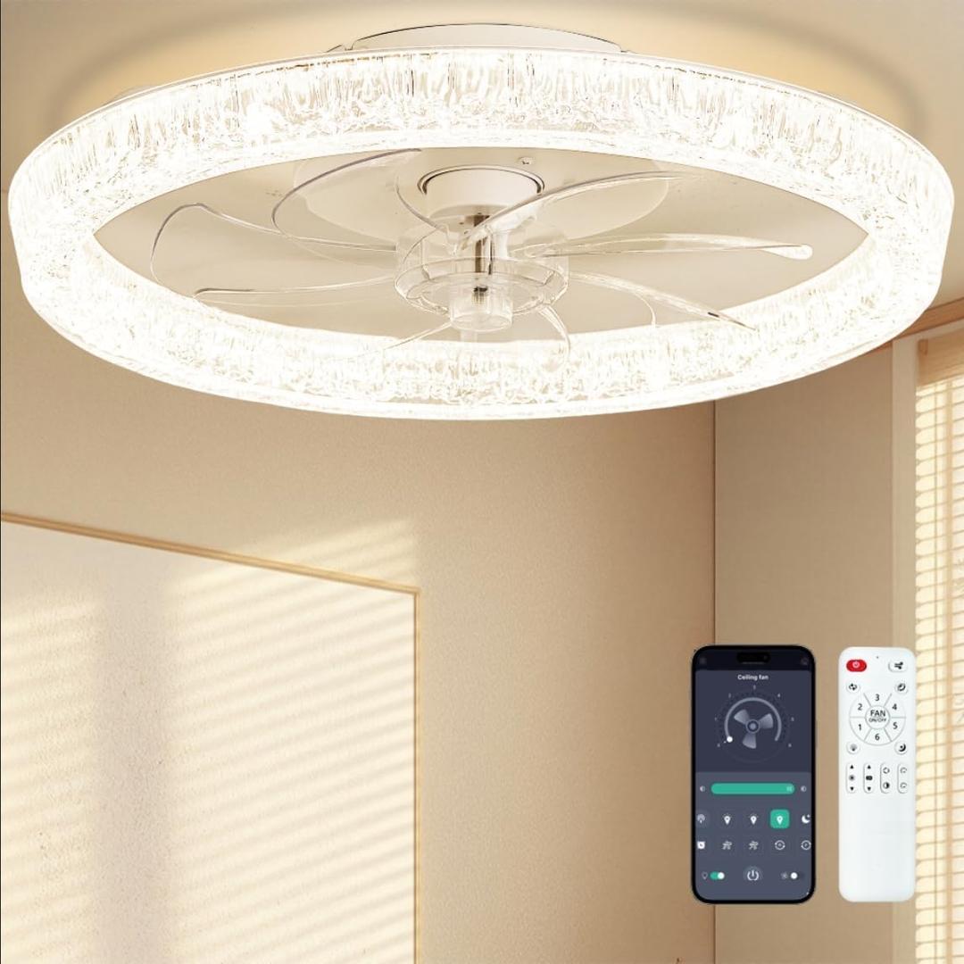 Ceiling Fans with Lights and Remote Fandelier - 20'' Flush Mount Low Profile Modern Ceiling Fans for Bedroom - Stepless Color Temperature and 6 Speeds, White Regular Crystal
