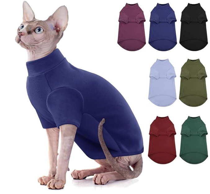 SUNFURA Turtleneck Sweater for Cat, Sphynx Cats Shirt Hairless Cat Sweaters with Sleeves, Warm and Soft Kitten Pullover Fleece Winter Pajamas Jumpsuit for Puppy Cats, Navy Blue, Size M