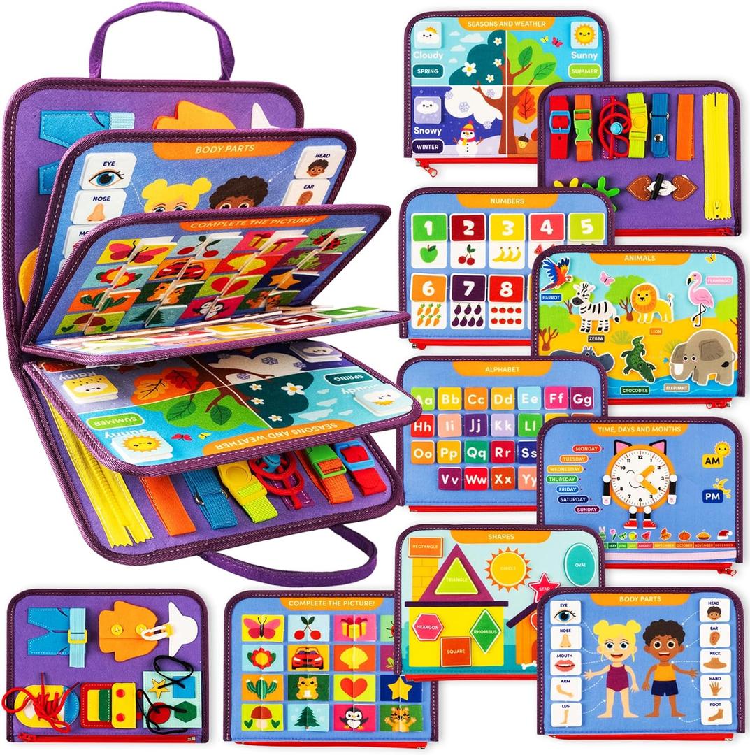 Clever Fox Montessori Busy Board for Toddlers  20+ Learning Activities Baby Book  Sensory Fine Motor Toys for Kids 2, 3 Year Old Boy & Girl  Sensory Learning Board for Travel, Plane, Gifts (Purple)