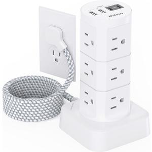 Power Strips with Surge Protection, Flat Plug Power Strip with 12 Outlets 4 USB Ports, Charging Station Tower 1875W/15A 1080J 6Ft Extension Cord with Multiple Outlets, Office Supplies, Dorm Essentials (White)
