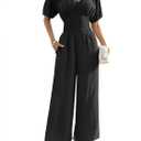 BB&KK Women's Summer Jumpsuit Dressy Short Sleeve V-Neck Smocked High Waist Wide Leg Pants One Piece Romper with Pockets (Black), Small