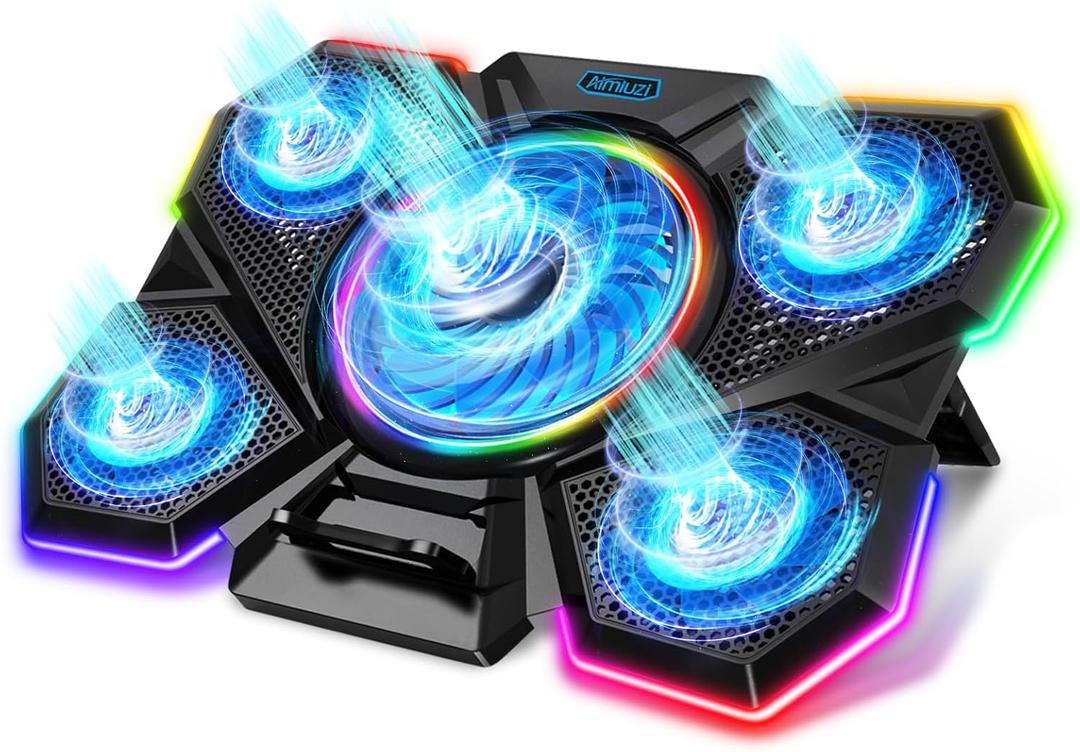 AIMIUZI Laptop Cooling Pad, Gaming Laptop Cooler with 5 Quiet Fans and LED Lights (One-Click Close), Laptop Fan Cooling Pad Fits 12-17 Inch Laptop, 7 Adjustable Height