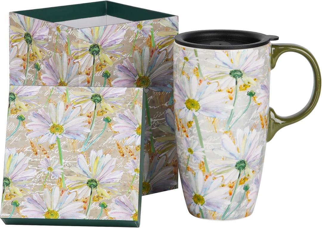 Ceramic Coffee Mug Travel Cup Gift with Lid 17oz, Porcelain Tall Tea Cup with Handle for Home & Office, Colorful Chrysanthemum Pattern Mug in Gift Box, 6.5''H