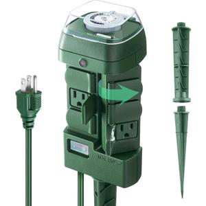 Outdoor Stake Timer Waterproof, 24 Hour Mechanical Power Strip Timer with 6 Outlets(3 180 Rotatable), 6ft Extension Cord Yard Stake Timer for Outdoor Christmas Lights, Heavy Duty, UL Listed