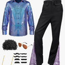 Mens 70s Disco Outfit Costume Bell Bottom Pants Shirts Wigs Necklace Mustache Sunglasses
