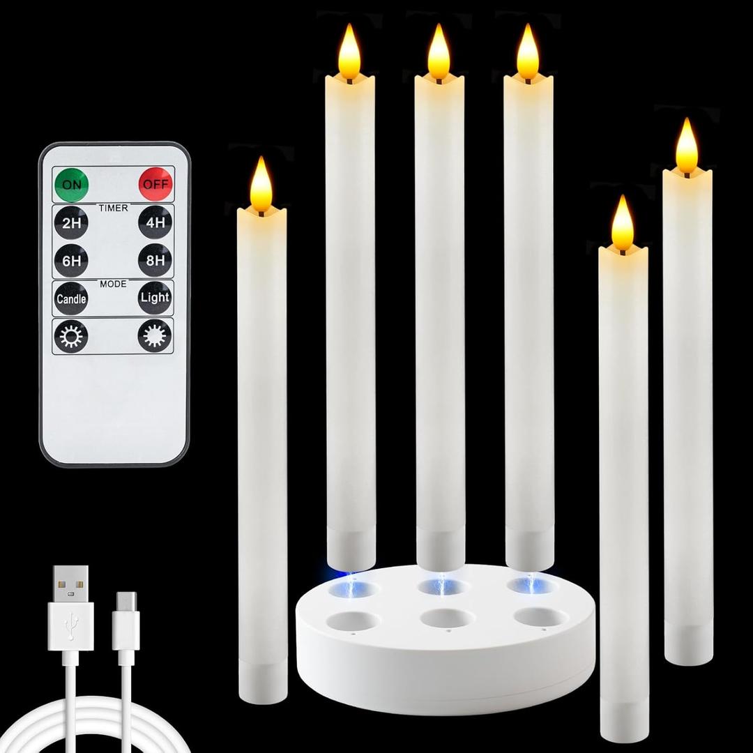 Homemory Rechargeable Flameless Taper Candles, Real Waxy LED Candlesticks Flickering, Battery Operated Candles with Remote Timer, 9.6 Inches for Home Wedding Christmas Decor, 6 Pcs, White