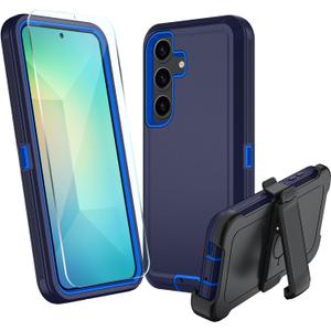 for Samsung Galaxy S25 Case, S25 Heavy Duty case, [Belt Clip Holster] [Glass Screen Protector] [Military Grade Protective ] [Shockproof] [Dropproof] [Dust-Proof] (with Belt Clip, Dark Blue)