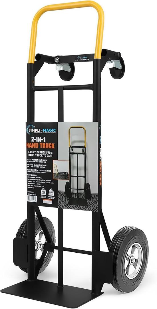 Simpli-Magic 2 in 1 Convertible Hand Truck and Dolly, 800LBS Heavy-Duty Moving Dolly Cart with 10" Flat Free Rubber Wheels & Handle