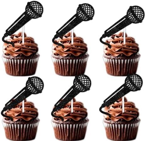 18pcs Black Glitter Microphone Dessert Cupcake Topper for Music KTV Theme Decor Supplies Boys Girls Happy Birthday Anniversary Wedding Party Decoration