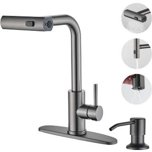 Kicthen Faucets with Pull Down Sprayer, Gun Grey Waterfall Kitchen Sink Faucet with Soap Dispenser, Single Hole Stainless Steel Kitchen Faucet, Modern Single Handle Pull Out Kitchen Faucet