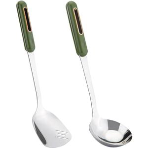 FJNATINH Spatula and Ladle Set - 2 Wok Tools - Universal Ladle and Spatula - Stainless Steel Cooking Utensils and Accessories, 13"-14", Green Handle
