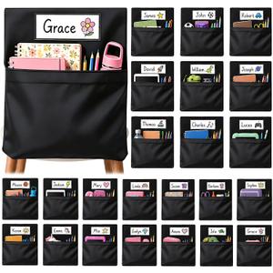 24 PCS Chair Pockets for Classroom, 20 x 17 Inch Extra Large Seat Sacks with Name Tags, Heavy-Duty Oxford Fabric Chair Organizers for School, Home, Office Black