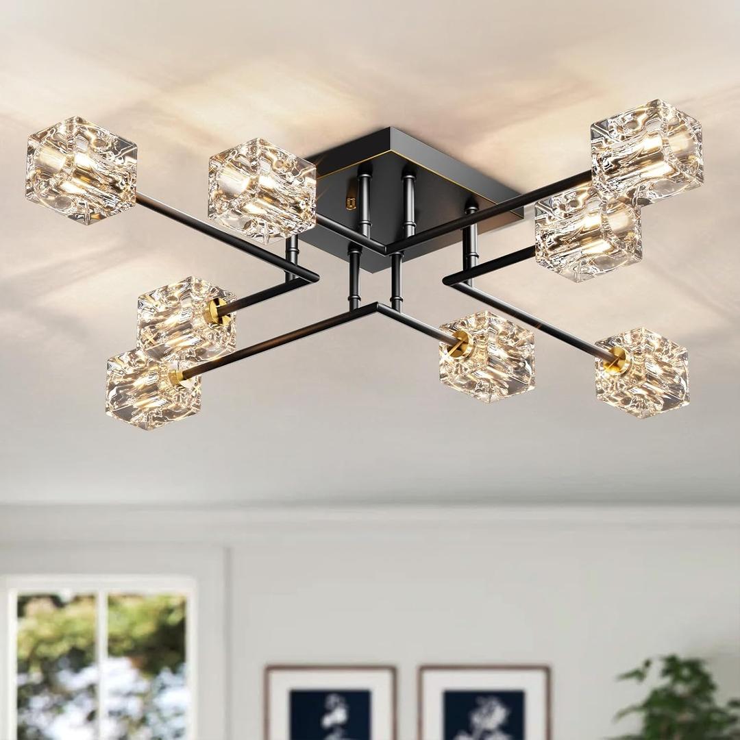 Black Crystal Semi Flush Mount Chandelier,8-Light Sputnik Ceiling Light, 31.8" in diameter and 5.5" in height