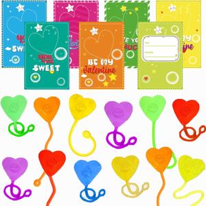 2 x 28 Pack Valentine Sticky Hands Toy with Valentines Cards for Kids Valentine Party Favors Valentine School Classroom Exchange Gift