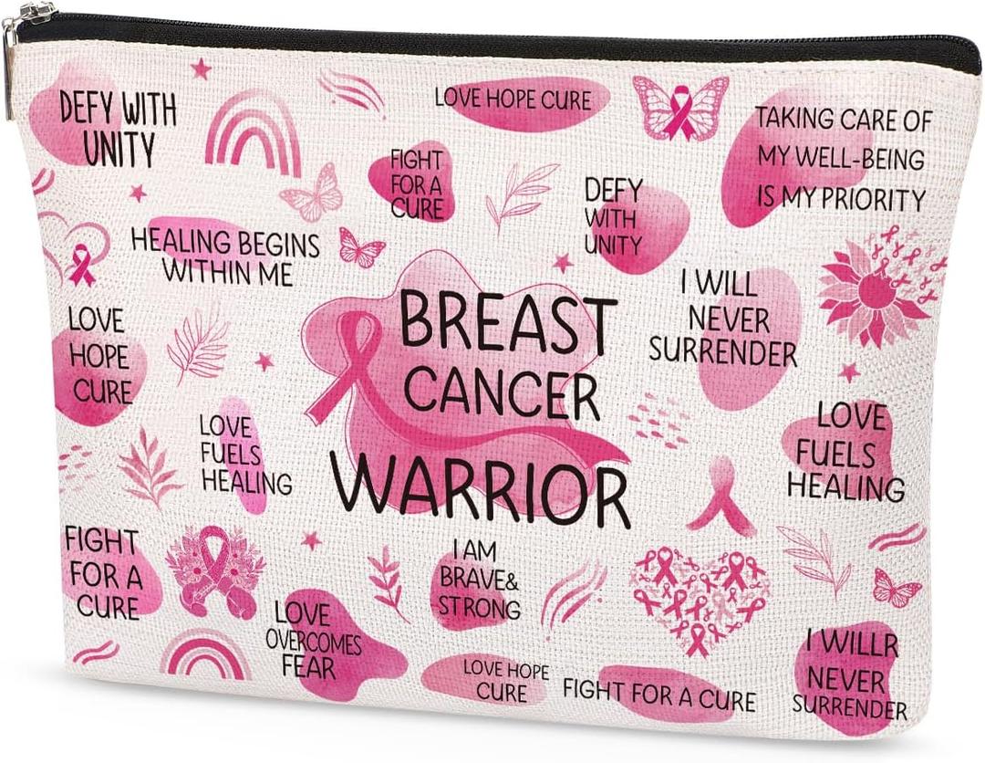 Breast Cancer Awareness Makeup Bag Gifts for Women, Inspirational Zipper Pouch with Motivational Quotes, Encouragement Gift for Survivor, Fighter, Supporter in October