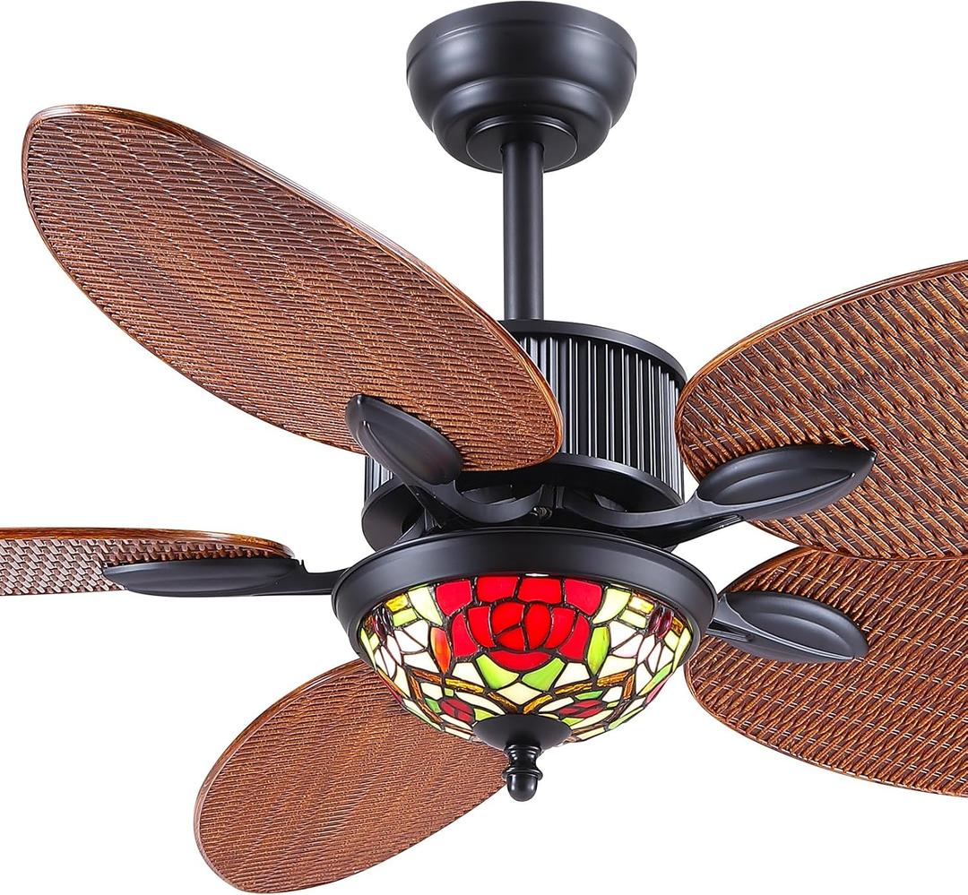 50 Inch Outdoor Waterproof Ceiling Fan with Light and Remote Control  Tropical Ceiling Fan with Palm Leaf Blades, LED Dimmable 6-Speed Settings, Tiffany Fan Light Fixture for Outdoor Patio, Gazebo