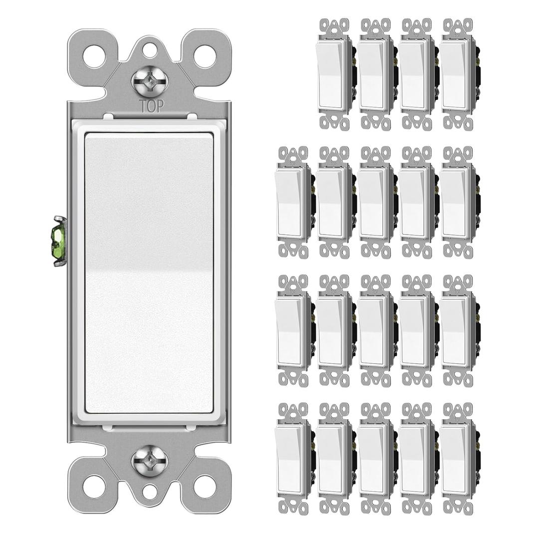 CML Matte White Decorator Single Pole Light Switch, Rocker Paddle Wall Switch, 15A 120/277V, On/Off Interrupter, cUL Listed, 20 Pack