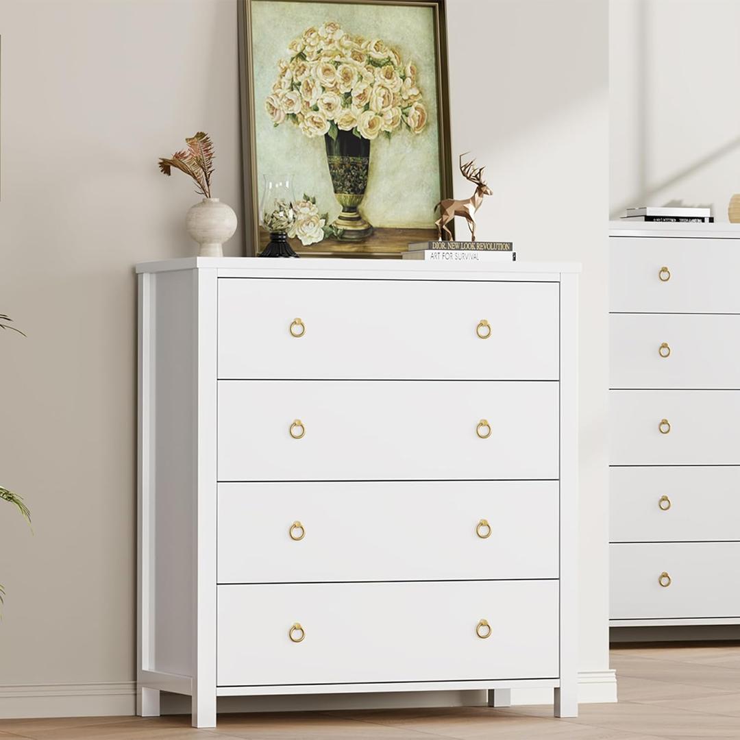 IDEALHOUSE Dresser for Bedroom, Chest of Dressers 37" Tall Dresser for Closet with 4 Drawers Chest with Clothes Storage Cabinet, Drawer Organizer for Bedroom, Living Room, Closet, Hallway, White