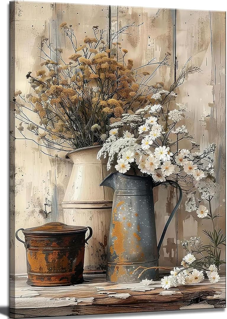 Farmhouse Rustic Daisy Canvas Wall Art Vintage Country Floral Posters Print White Jasmine Flowers and Rust Color Watering Can Wall Decor Picture for Living Room Bedroom Bathroom Decoration, 24"L x 16"W