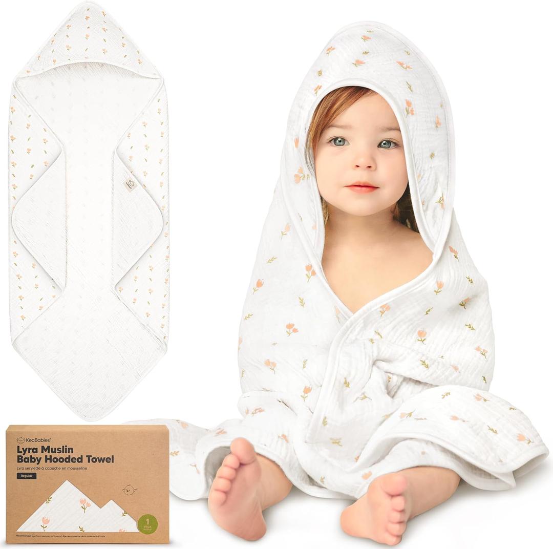KeaBabies Muslin Baby Bath Towels with Hood for Girls, Boys -Large Organic Cotton Hooded Baby Towels for Newborns,Toddlers,Infant,Kids,Soft Absorbent Newborn Bath Essentials Gift Set(Tulips, Regular) (1pk, Regular 35x35)
