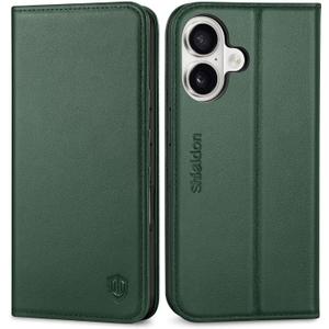 SHIELDON Case for iPhone 16 5G 2024, Genuine Leather Wallet Flip RFID Blocking Card Slot Kickstand Magnetic Shockproof TPU Phone Holder Case Compatible with iPhone 16 6.1" - Evergreen
