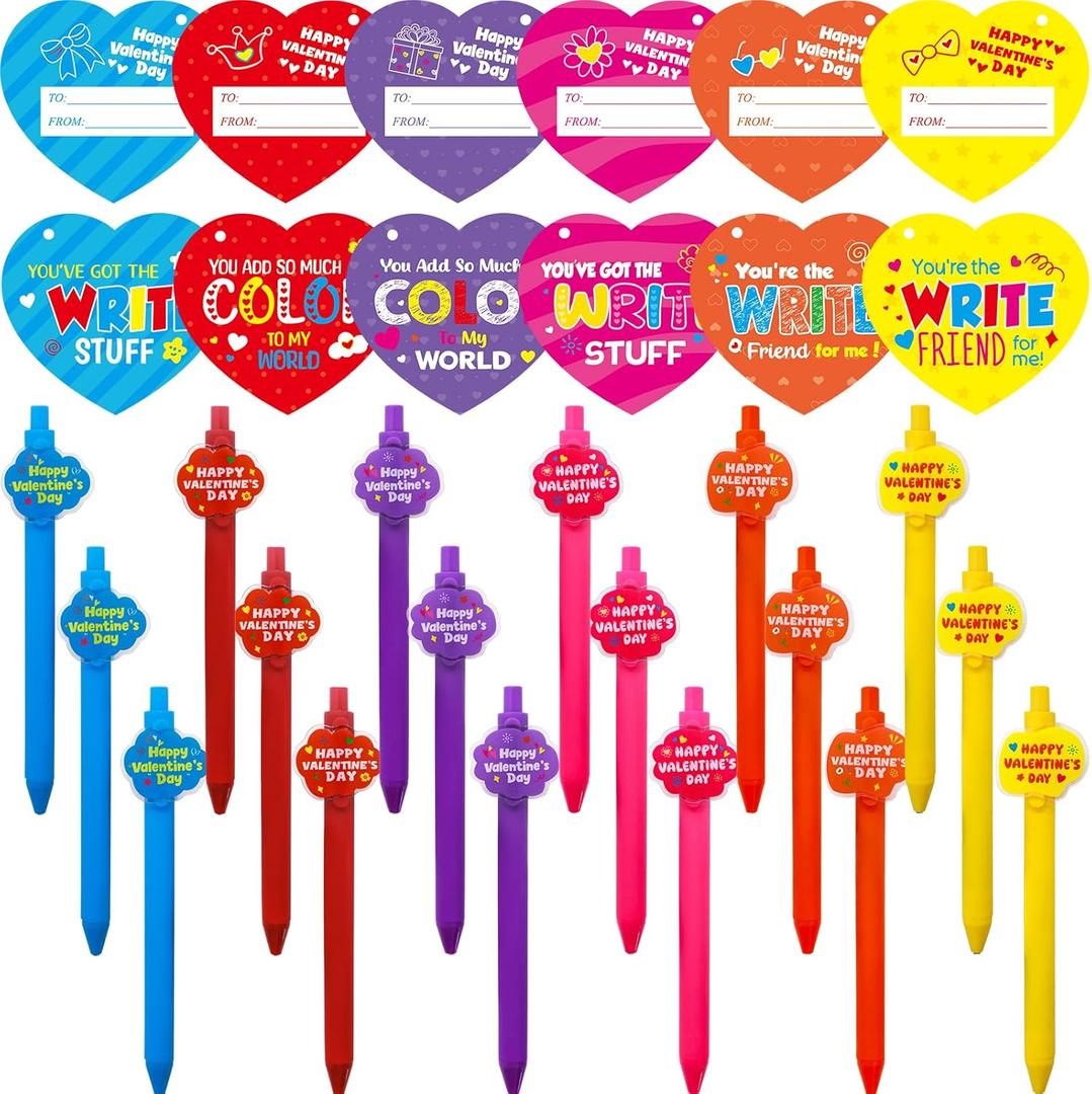 WorldBazaar 24 Pack Valentines Day Hearts Cards with Ballpoint Pens Valentine's Day Classroom Exchange Gift Set Kids Bulk Teacher Appreciation Pens Coworker Employee