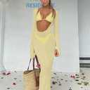 3 Piece Swimsuits for Women Sexy Halter Triangle Thong Bikini Sets with Sheer Mesh Beach Cover Up Dress Vacation Outfits (Yellow, S)