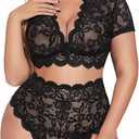Avidlove Plus Size Lingerie Plus Floral Lace Scallop Trim Lingerie Set Deep V Allover Lace Bra Panties Set Sexy Clubwear (14W, 1 Black)