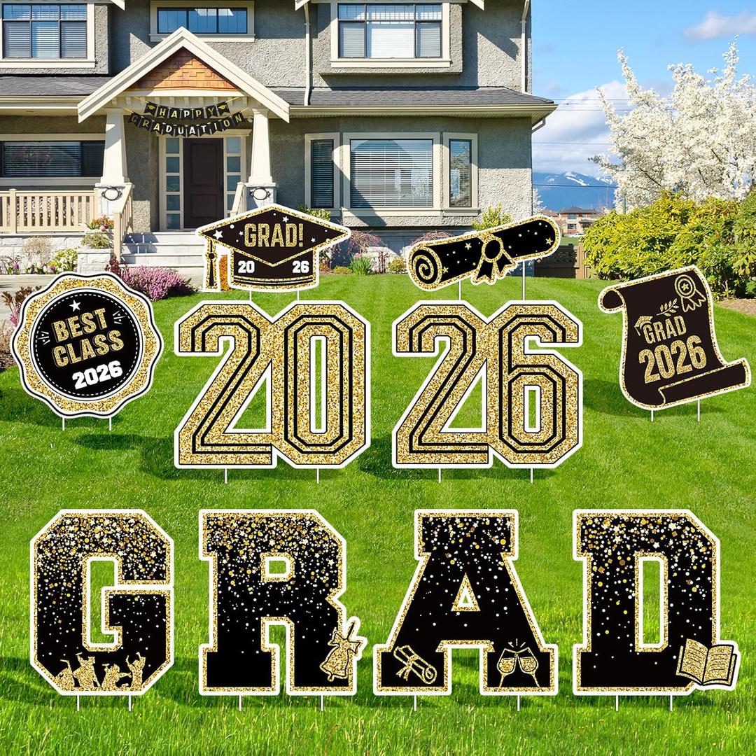 2026 Graduation Decorations Yard Signs 10PCS Black and Gold Congrats Grad Lawn Decorations with Stakes, Graduation Party Supplies, Large Outdoor Graduation Party Decor for High School & College