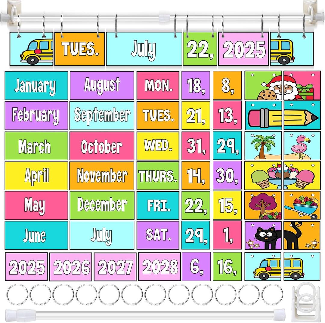 TecUnite Neon Adjustable Flip Calendar Bulletin Board Set Colorful Calendar Holder Includes Bright 54 Date Cards for Classroom School Home Decor Supplies