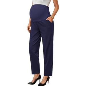 OUGES Womens Stretchy Maternity Over Belly Casual Work Straight Leg Pants Ankle Business Office Trousers with Pockets (Large, Navy)