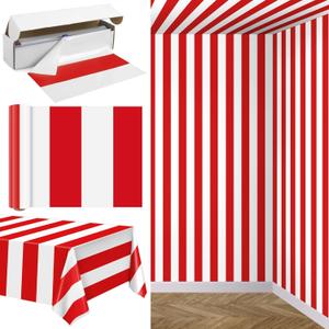 100 Ft x 54 Inch Red & White Striped Tablecloth Roll with Cutter Box Disposable Carnival Circus Tablecloth Cut to Size Table Cover Backdrop for Carnival Party Table Stage Supplies