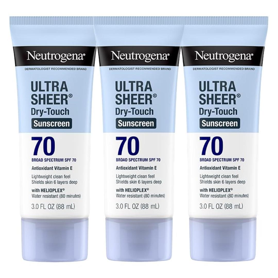 Neutrogena Ultra Sheer Dry-Touch Sunscreen For Face & Body, SPF 70 Broad Spectrum UVA/UVB Protection, Lightweight Water Resistant & Non-Greasy, Travel Size Sunscreen, 3 fl. oz (Pack of 1)