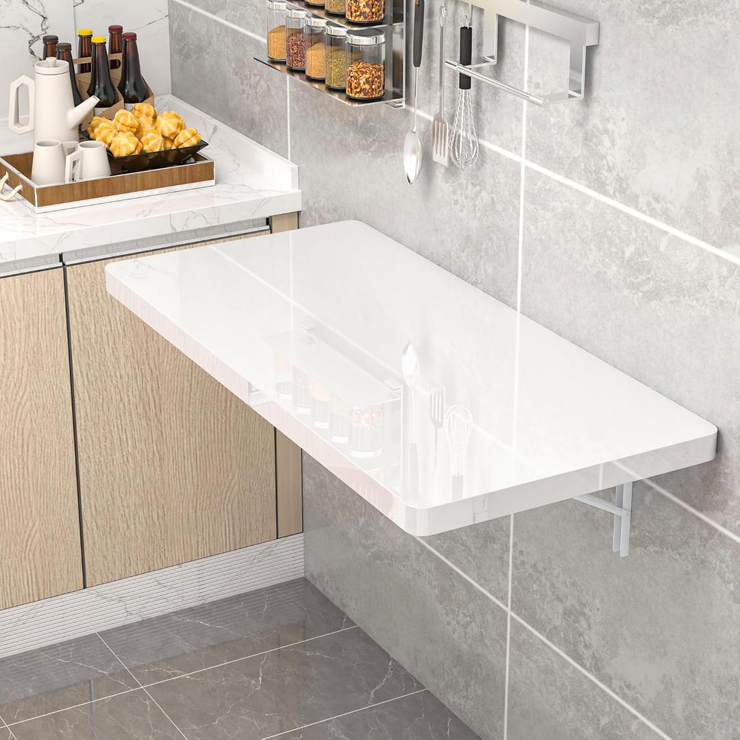 Clikuutory Wall Mounted High Gloss Folding Table 31.5" W x 15.7" D, Wall Desk Fold Down for Small Spaces, Folding Workbench for Laundry Room, Home Office, Kitchen, Bedroom, Home Bar, White, 31.5"W x 15.7"D x 5.2"H