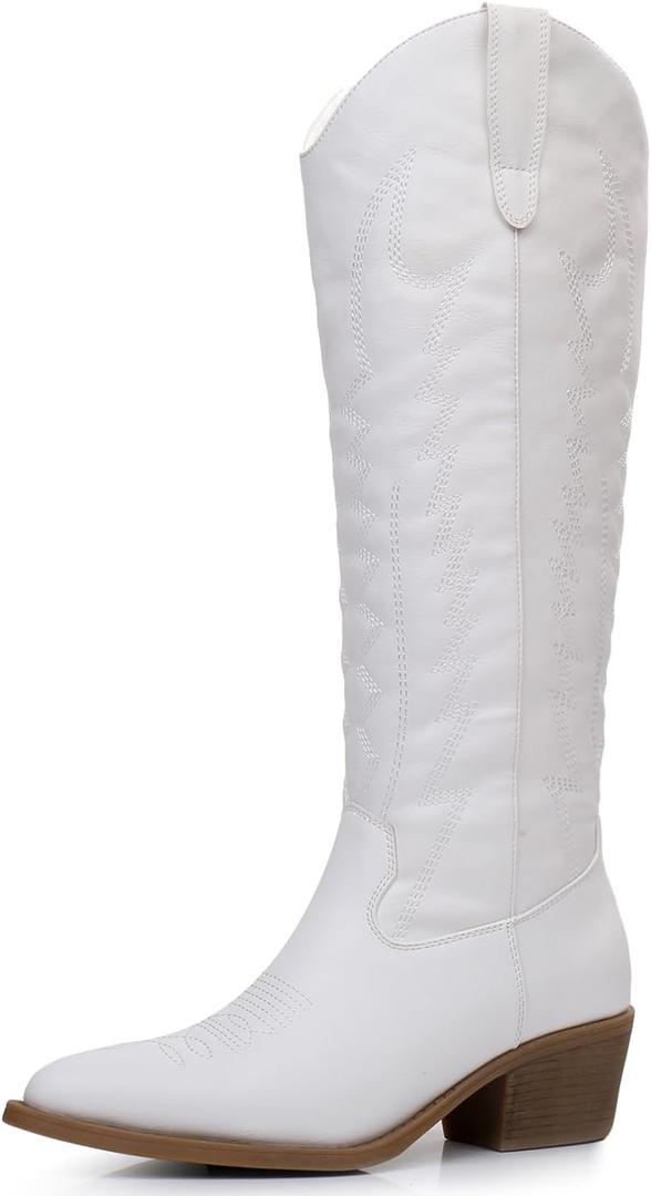 GLOBALWIN Women's Knee High Long Pointed Toe Western Cowboy Boots For Women (White)