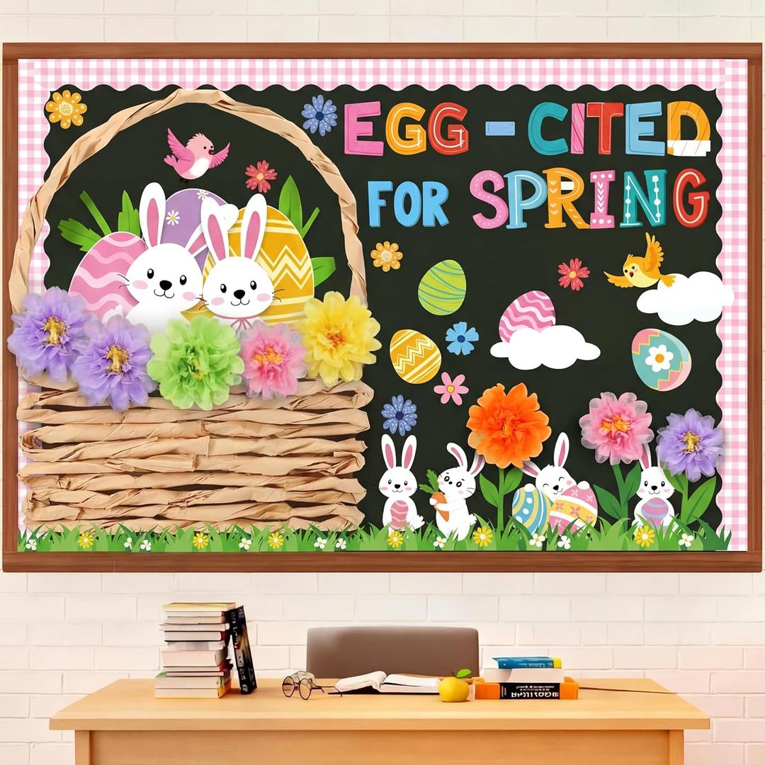 Pasimy 72 Pcs Spring Easter Bulletin Board Decorations 3D Egg Bunny Flowers Paper Cutouts Classroom Decors Egg Cited for Spring with Grass Flowers Birds Bunny for Home Nursery School Party Supplies