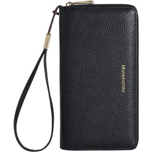 Fashionable Long RFID Leather Women's Wallet, Large Capacity Multi Slot Phone Case, Zipper Closure, Detachable Wrist Strap, Hand-Held wallet (Black)
