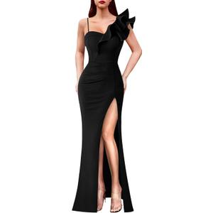 VFSHOW Womens Ruffle One Shoulder Strap Ruched Formal Prom Wedding Maxi Dress V Neck Elegant Split Cocktail Evening Long Gown (Medium, Solid Black)