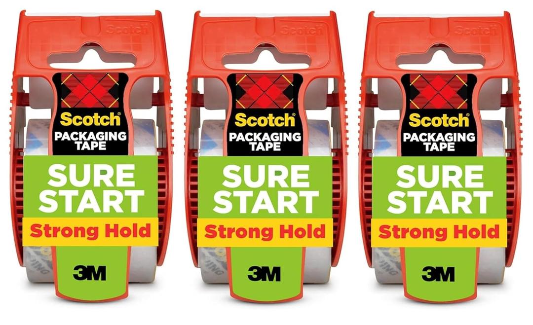 Scotch Sure Start Packing Tape, Clear, Quiet Unwind and Easy Start, Moving Supplies, 1.88 in. x 22.2 yd., 3 Tape Rolls with Dispensers