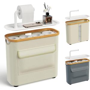 Toilet Paper Storage Basket Holder Holds 9-12 +1 Rolls Elegant Multi-Functional Bathroom Toilet Paper Holder Stand Storage Organizer Waterproof with Tray Hold Phone Wet Wipes Beige