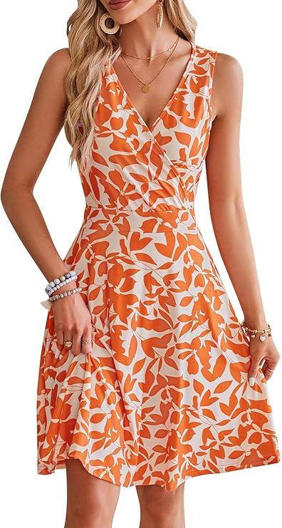 Naggoo Sundresses for Women Summer Casual Faux Wrap V Neck Floral Short Tank Dress with Pockets M