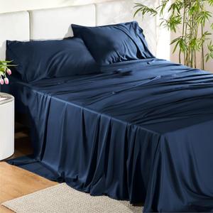 Bedsure Queen Sheet Set, Cooling Sheets for Queen Size Bed Set, Rayon Derived from Bamboo, Breathable & Soft Deep Pocket Up to 16 Inches, Hotel Luxury Silky Bedding, Bedsheet & Pillowcases, Navy