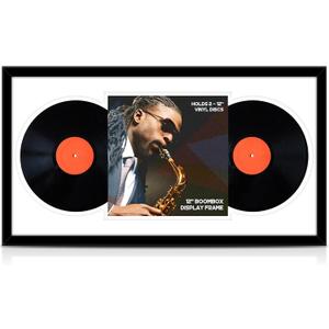 Qunclay 1 Pack 16x30 Inches Black Double Vinyl Record Frame with Double white white Matting Record Album Frames for 12x12 Lp Covers Vinyl Display for Home Office Wall Decor