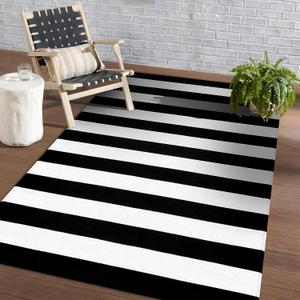 KOZYFLY Black and White Striped Area Rug 4x6 Ft Outdoor Rug Washable Indoor Outdoor Rug Hand Woven Cotton Door Mat Outdoor Entrance Mat for Front Door Kitchen Entryway Patio Front Porch Decor (4' x 6' (Rectangular))