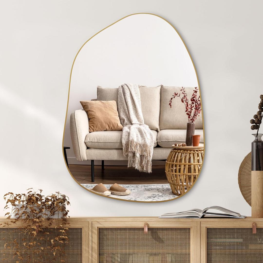 PERFNIQUE Irregular Wall Mirror Asymmetrical Mirror, 32''x24'' Golden Wood Framed Mirror for Bathroom Bedroom Living Room Entryway, Decorative Modern Wall Decor, Wall Mouted(Gold, 32''x24'') (32"L x 24"W)