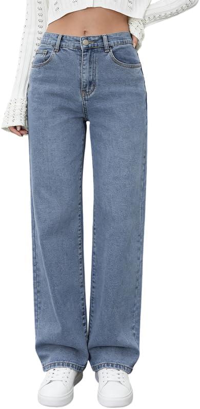 Women's Straight Leg Jeans- High Waisted Stretchy Wide Leg Denim Pants, Elastic Waistband & Classic Blue Vintage Wash (Medium)